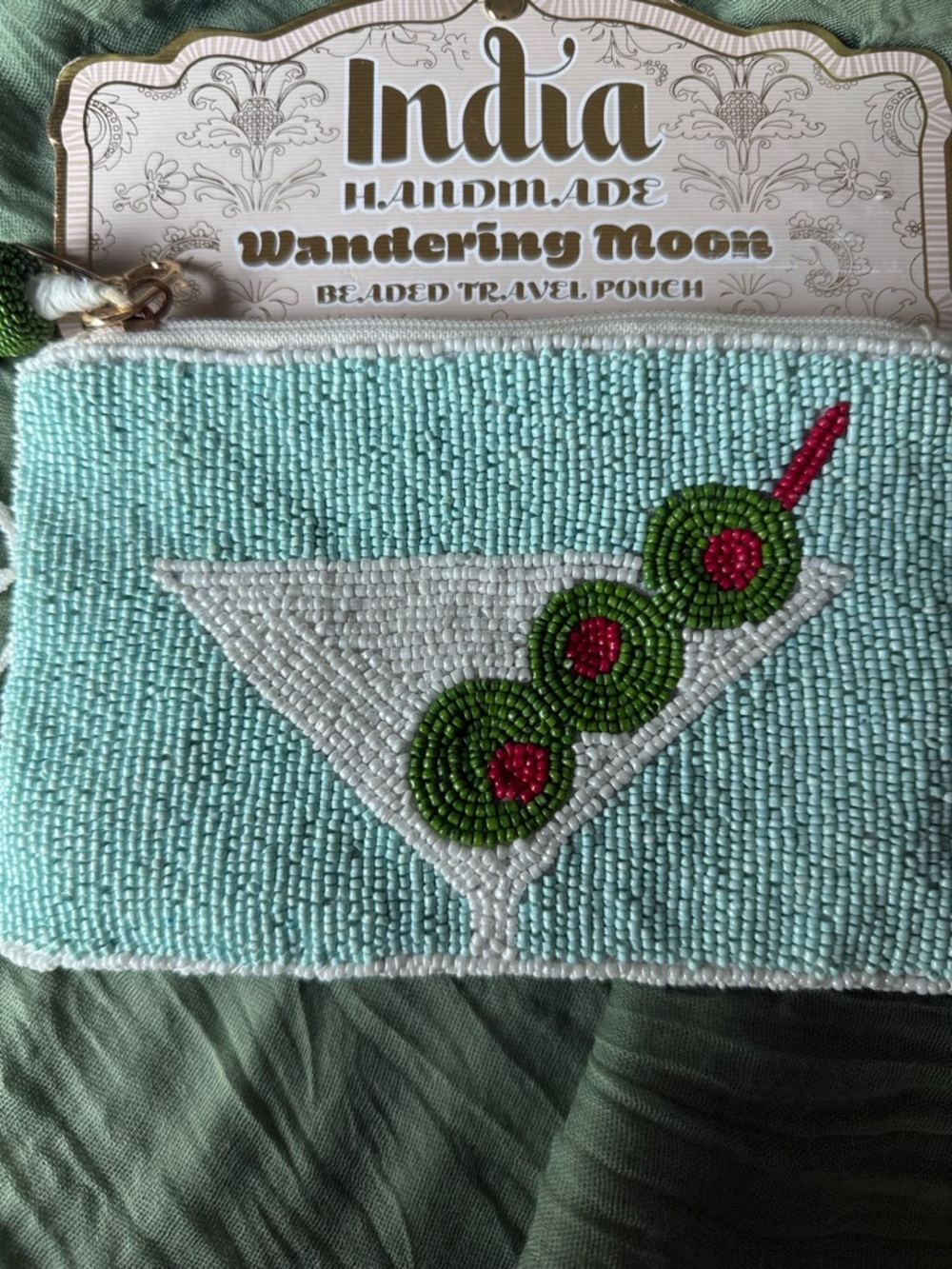 India Handmade Aqua Beaded Travel Pouch with Cocktail Motif - Picture 2 of 7